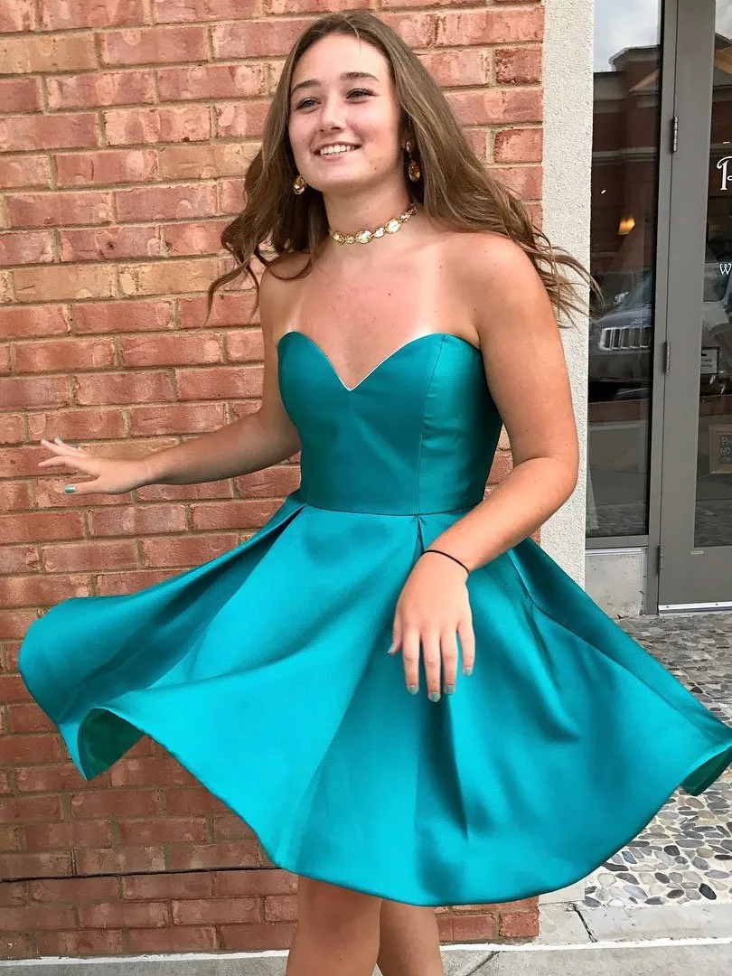 A-line Sweetheart Mini Satin Short Jade Simple Homecoming Dresses APD2761