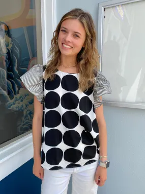 BLACK CONTRAST POLKA DOT BLOUSE TOP