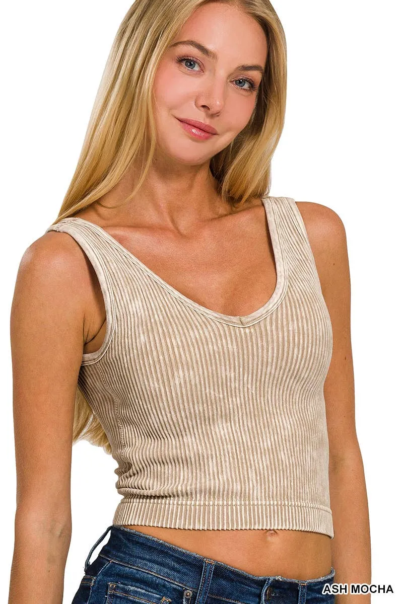 Bone Gray Washed Rib Crop V Neck Tank W/ Removable Bra