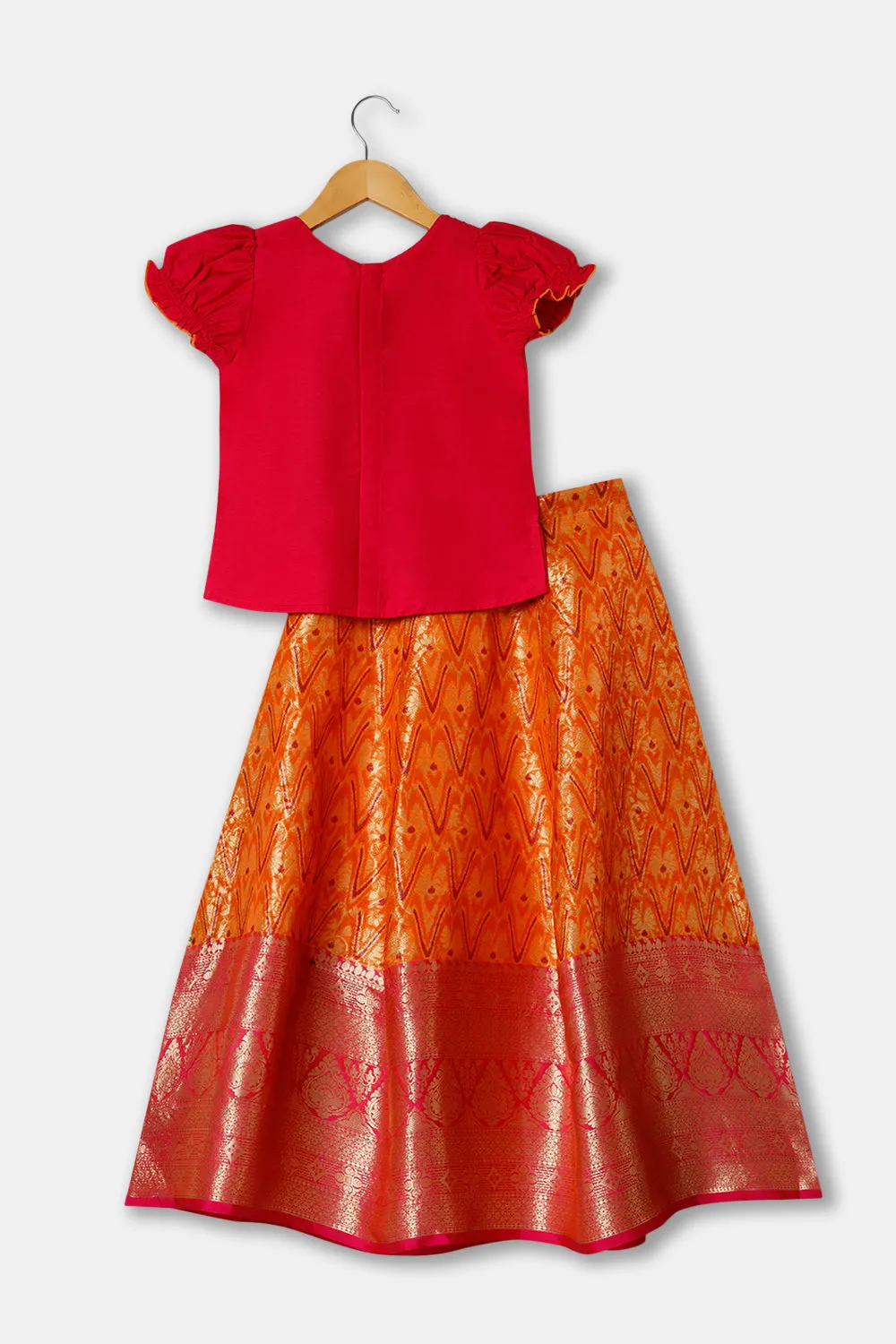 Chittythalli Girls Cotton Blend Ethnic Wear Pavadai Set with Round Neck and Puff Sleeves - Pink - PS36