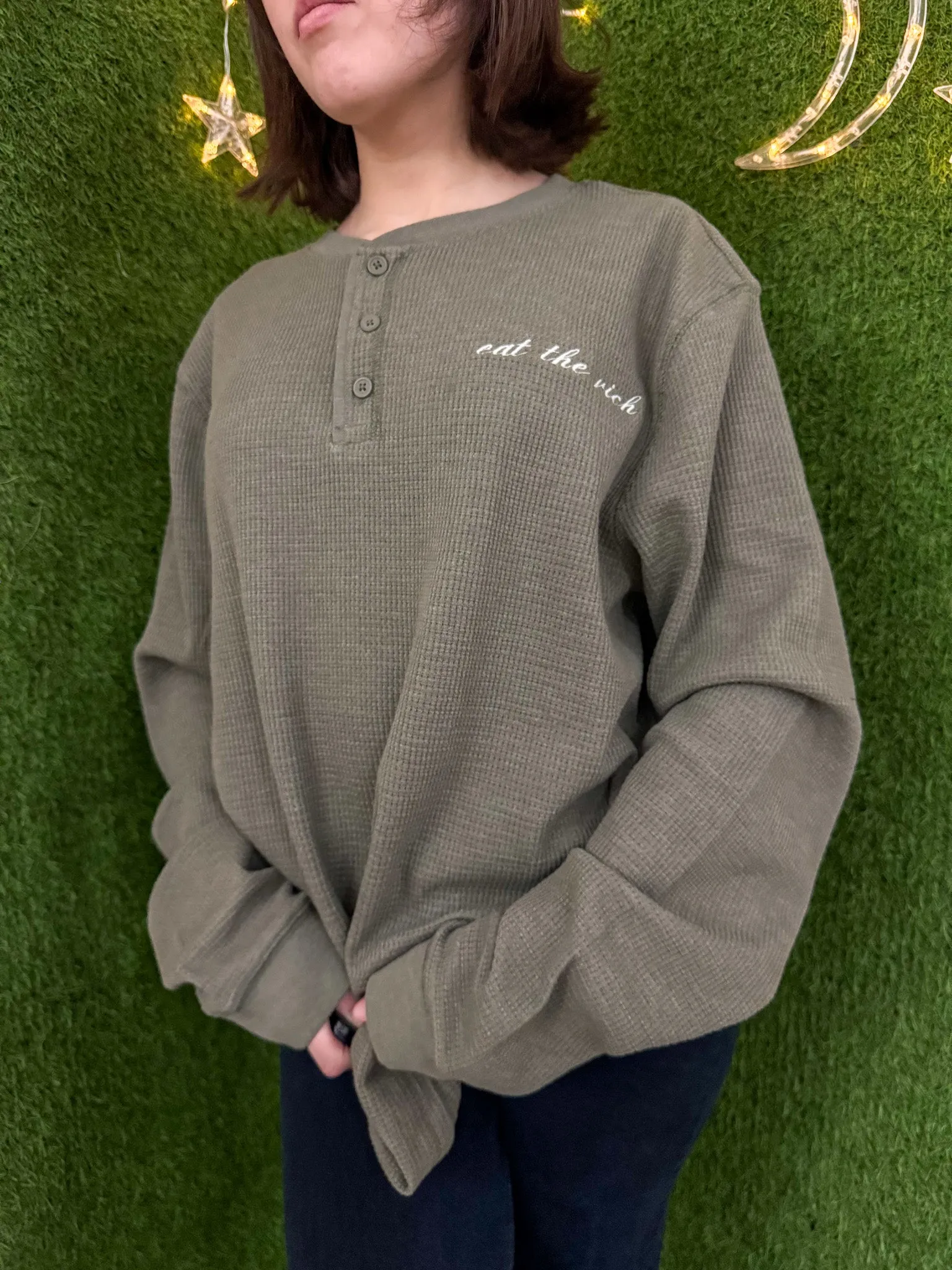 Eat the Rich Green Thermal Button Up Long Sleeve XL
