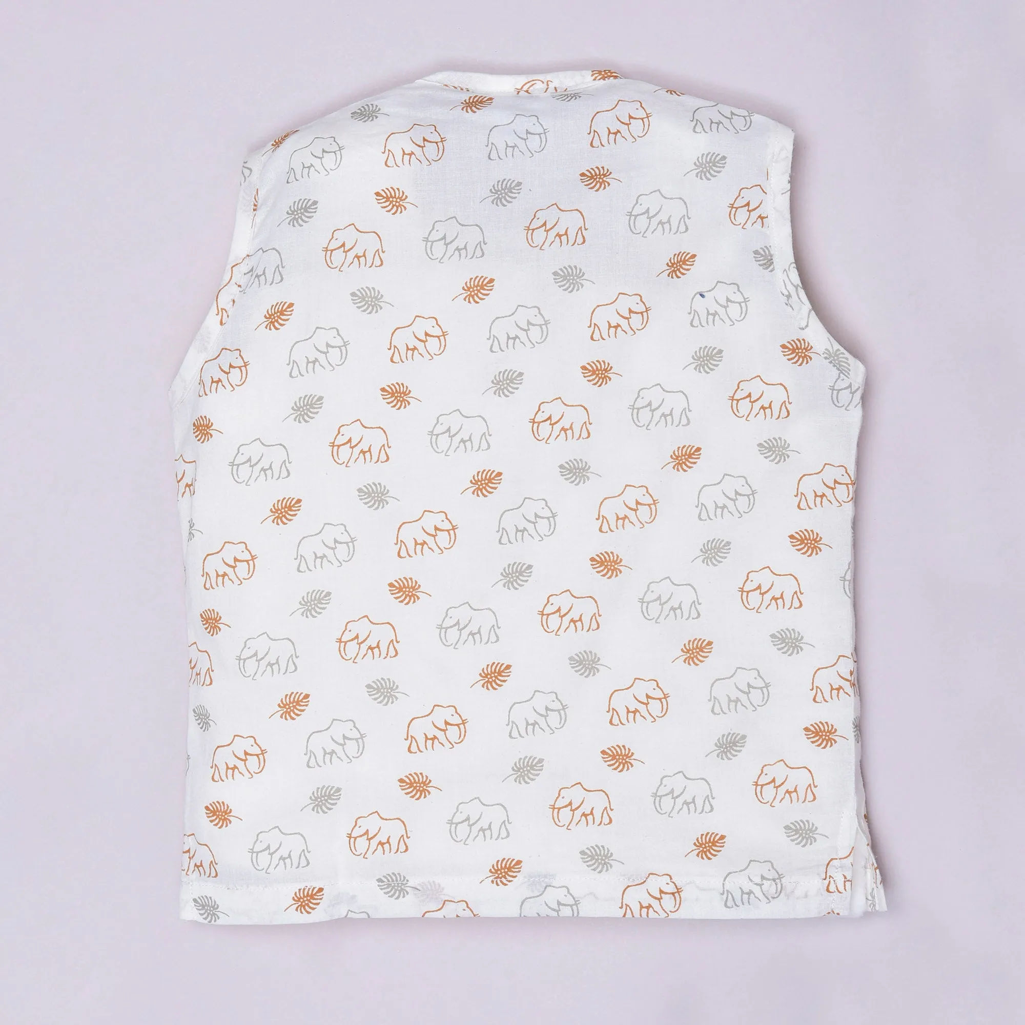 Polka Tots Elephant Print Sleeveless Jhabla and Pant Set - White & Mustard
