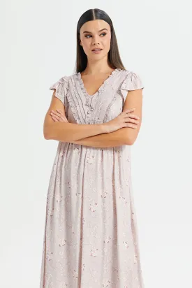 Women Pink Floral Print Cap Sleeves Nightgown