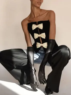 Women’s Black Velvet Corset-Top with Bow-Embellishment