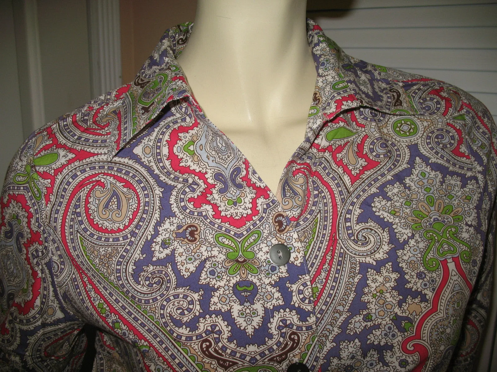 Womens Tops Multi Color Colored PINK PURPLE WHITE GREEN Paisley Print 3/4 Sleeve Button Down Shirt TOP 6 Small