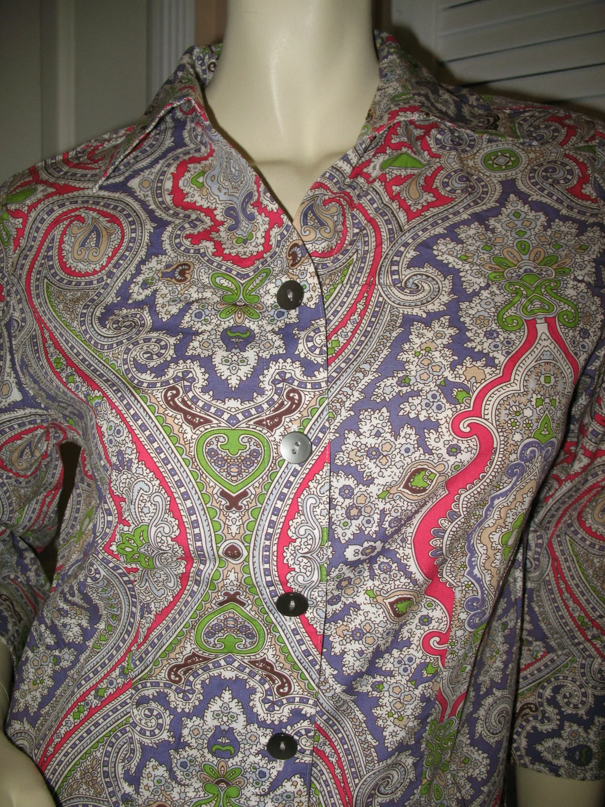 Womens Tops Multi Color Colored PINK PURPLE WHITE GREEN Paisley Print 3/4 Sleeve Button Down Shirt TOP 6 Small
