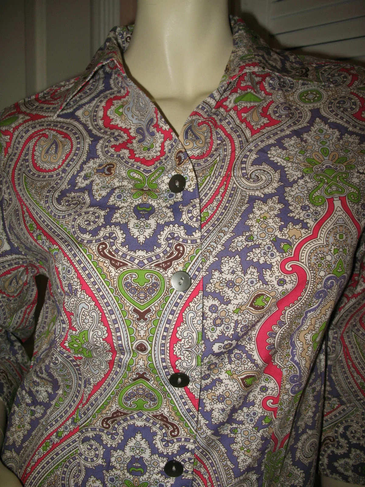Womens Tops Multi Color Colored PINK PURPLE WHITE GREEN Paisley Print 3/4 Sleeve Button Down Shirt TOP 6 Small